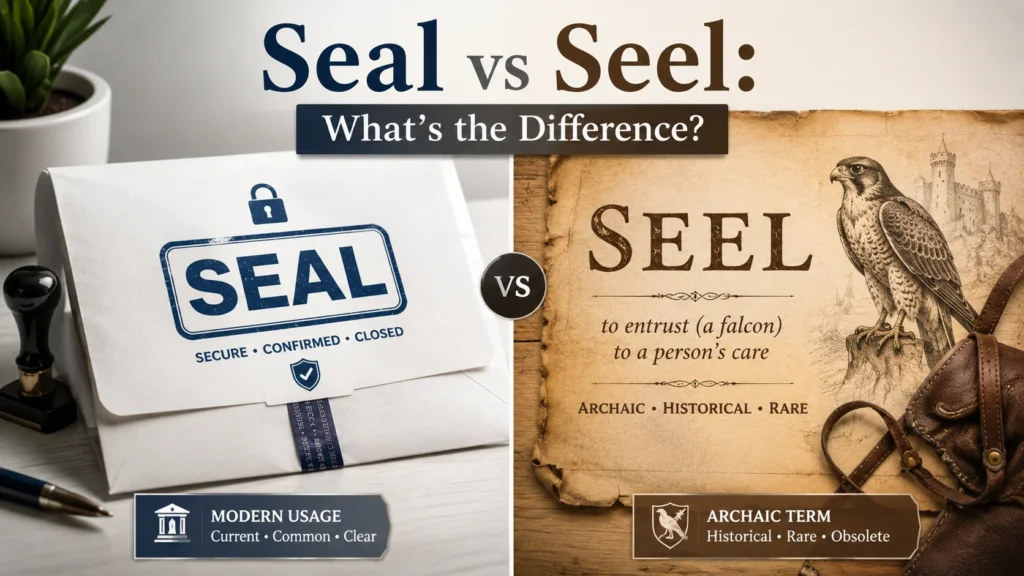 Split visual comparing “Seal” (modern usage for closing and security) versus “Seel” (archaic falconry term) in an educational grammar concept image.