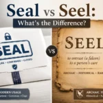 Split visual comparing “Seal” (modern usage for closing and security) versus “Seel” (archaic falconry term) in an educational grammar concept image.