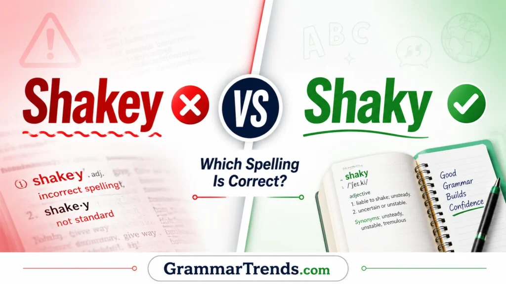 Shaky vs Shakey comparison showing the correct spelling "Shaky" with a green checkmark and the incorrect spelling "Shakey" with a red cross on GrammarTrends.com.