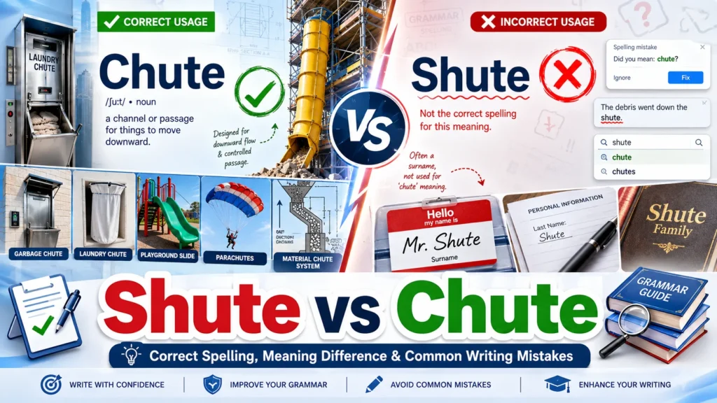 Split-screen comparison showing “Chute” as the correct spelling for passages or slides and “Shute” as an incorrect or uncommon variant used mainly as a name.