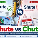 Split-screen comparison showing “Chute” as the correct spelling for passages or slides and “Shute” as an incorrect or uncommon variant used mainly as a name.
