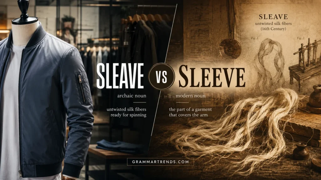 Split comparison image showing modern clothing sleeve on the left and historical textile fibers representing “sleave” on the right, illustrating the difference between Sleave vs Sleeve.
