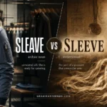 Split comparison image showing modern clothing sleeve on the left and historical textile fibers representing “sleave” on the right, illustrating the difference between Sleave vs Sleeve.