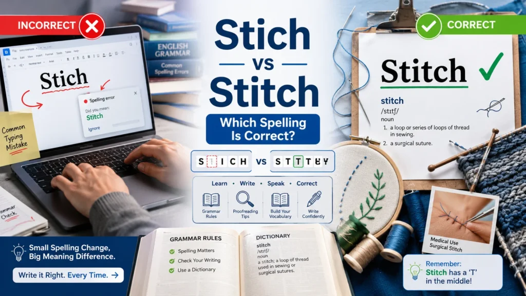 Stich vs Stitch comparison image showing Stich marked as a spelling error and Stitch marked correct with sewing needle, thread, and grammar proofreading elements.