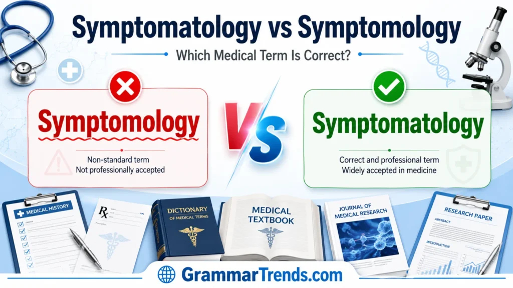 Feature image comparing Symptomatology vs Symptomology, showing Symptomology marked incorrect in red and Symptomatology marked correct in green with medical and grammar-themed illustrations.