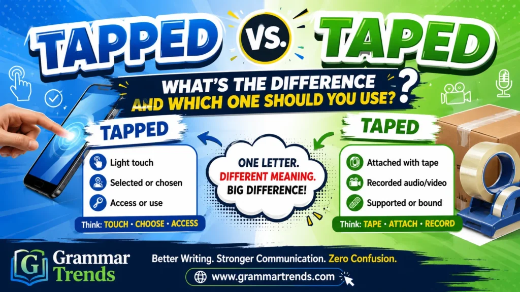 Split-screen illustration comparing “tapped” and “taped,” showing a hand tapping a smartphone on the left and a box sealed with tape on the right.