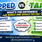 Split-screen illustration comparing “tapped” and “taped,” showing a hand tapping a smartphone on the left and a box sealed with tape on the right.