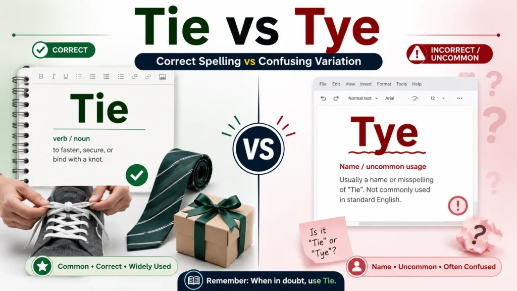 Split-screen comparison showing “Tie vs Tye,” highlighting “Tie” as the correct spelling with everyday examples like shoelaces and neckties, and “Tye” as an uncommon or incorrect variation with warning indicators.