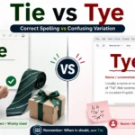 Split-screen comparison showing “Tie vs Tye,” highlighting “Tie” as the correct spelling with everyday examples like shoelaces and neckties, and “Tye” as an uncommon or incorrect variation with warning indicators.