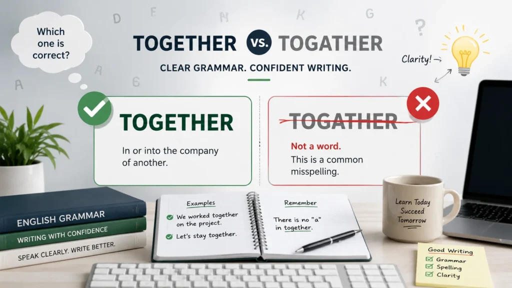 Grammar comparison showing “together” as correct and “togather” as incorrect, highlighting common spelling confusion in English writing.