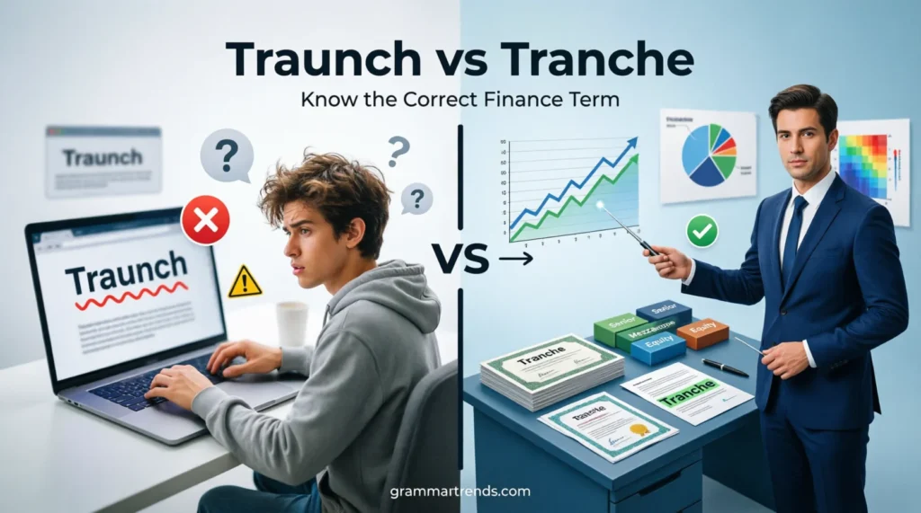 Split comparison image showing "Traunch" as an incorrect spelling with a red spell-check warning and "Tranche" as the correct finance term with investment documents, funding charts, and financial reports.