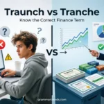 Split comparison image showing "Traunch" as an incorrect spelling with a red spell-check warning and "Tranche" as the correct finance term with investment documents, funding charts, and financial reports.