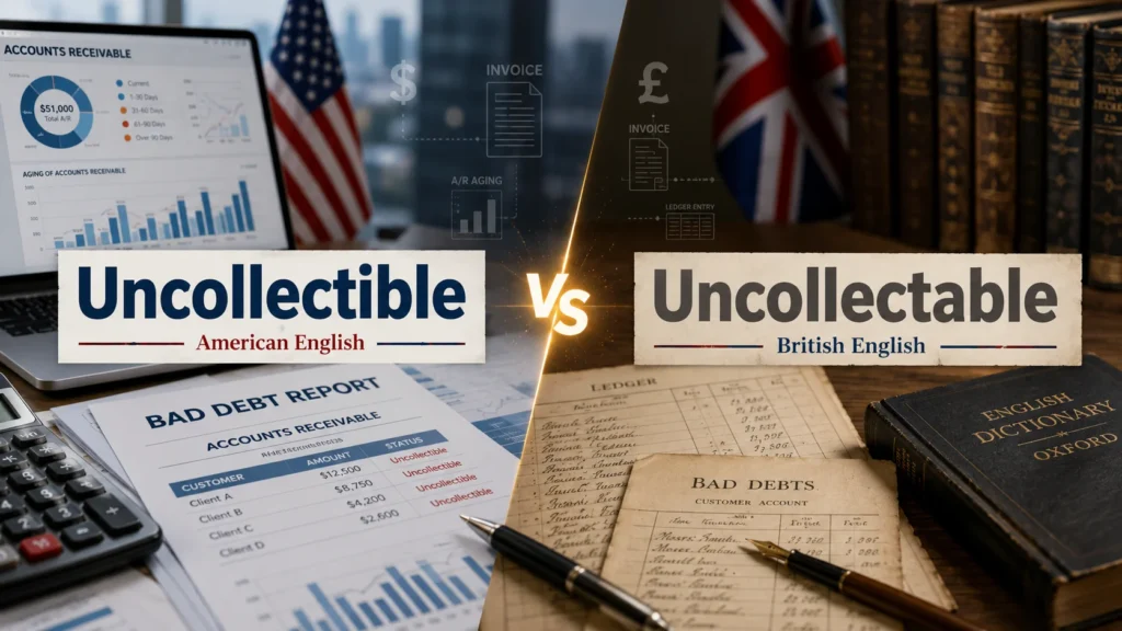 Split comparison image showing “Uncollectible” and “Uncollectable” in a finance-themed office setup, highlighting spelling differences, accounting documents, and debt terminology.