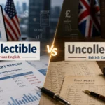 Split comparison image showing “Uncollectible” and “Uncollectable” in a finance-themed office setup, highlighting spelling differences, accounting documents, and debt terminology.