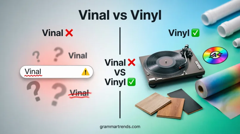 Comparison image showing Vinal vs Vinyl, highlighting Vinal as an incorrect spelling and Vinyl as the correct word used for records, flooring, PVC materials, decals, banners, and home products.