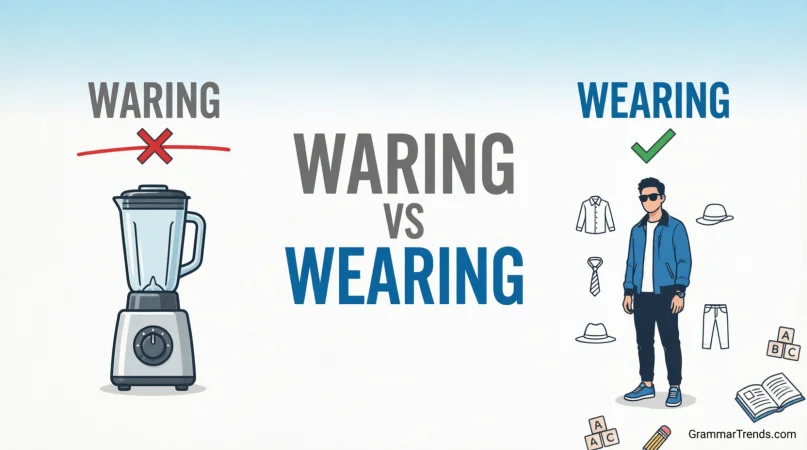 Split-screen comparison showing Waring vs Wearing, explaining that Wearing is the correct word for clothes and accessories while Waring usually refers to a surname or brand name.