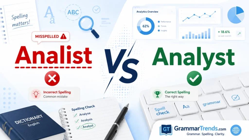 Analyst vs Analist spelling comparison showing Analist marked incorrect in red and Analyst marked correct in green with grammar and analytics-themed background.