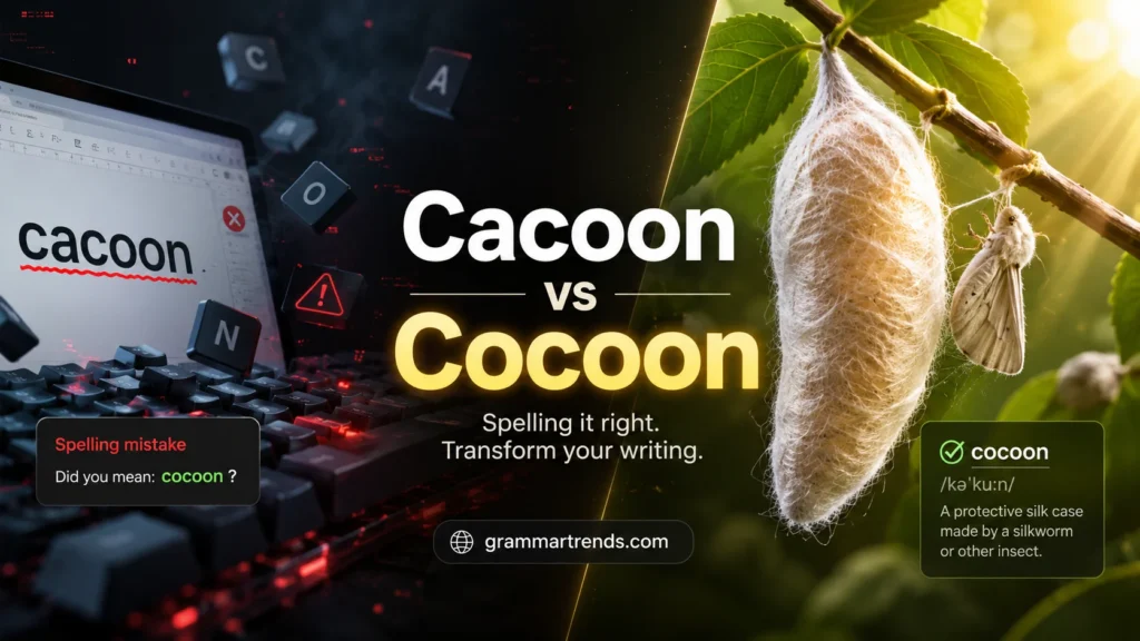 Split comparison showing incorrect “cacoon” with spelling error highlights and correct “cocoon” in a natural insect transformation scene.