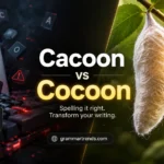 Split comparison showing incorrect “cacoon” with spelling error highlights and correct “cocoon” in a natural insect transformation scene.