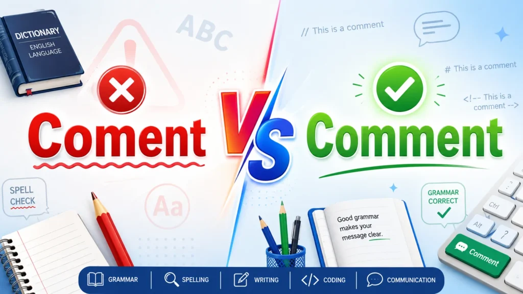 Comment vs Coment comparison showing the incorrect spelling "Coment" with a red X and the correct spelling "Comment" with a green checkmark on a modern grammar-themed educational background.