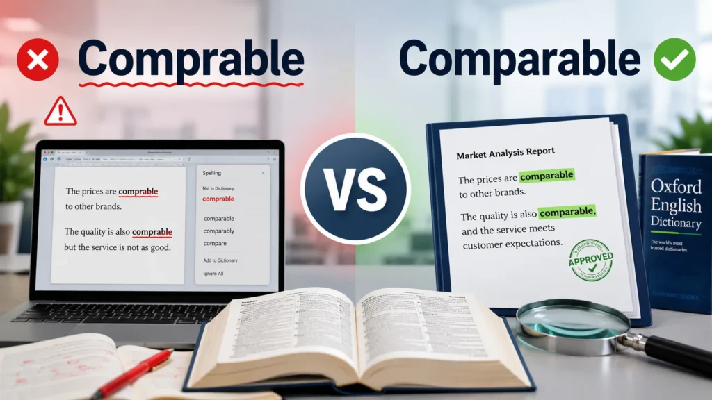 Side-by-side comparison of the misspelled word “Comprable” and the correct word “Comparable” with proofreading and grammar correction elements.
