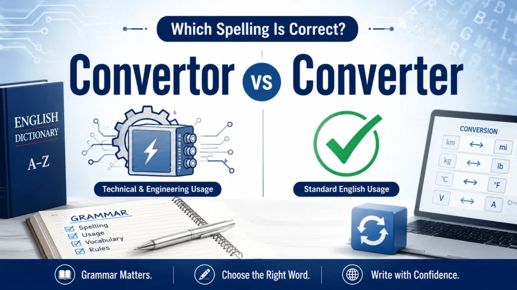 Convertor vs Converter comparison showing the correct modern spelling converter alongside the technical variant convertor with grammar and technology elements.