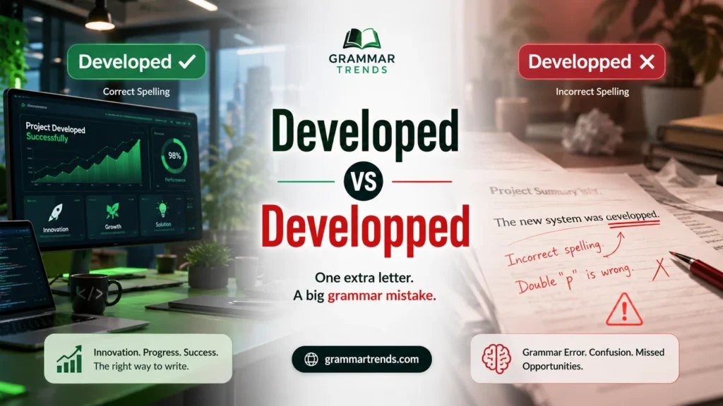 Split-screen comparison showing correct spelling “developed” in a modern professional setting and incorrect “developped” highlighted with errors, illustrating grammar confusion.