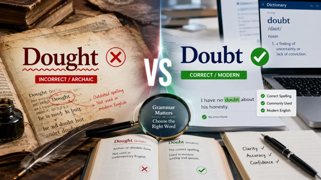 Side-by-side comparison of Dought and Doubt showing an outdated spelling versus the correct modern English word with proofreading and grammar correction elements.