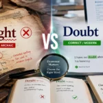 Side-by-side comparison of Dought and Doubt showing an outdated spelling versus the correct modern English word with proofreading and grammar correction elements.