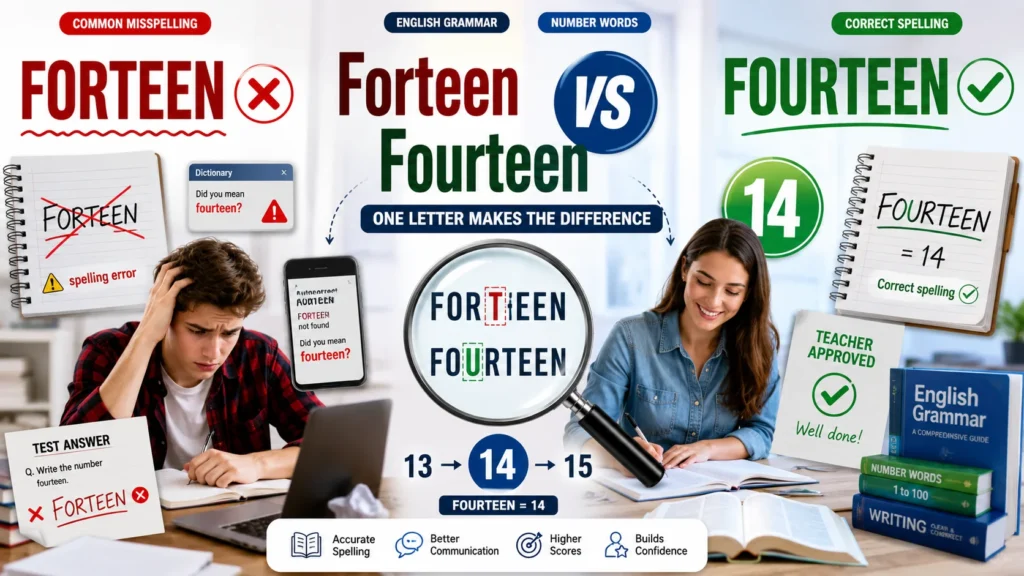 Grammar comparison image showing Forteen as an incorrect spelling and Fourteen as the correct spelling of the number 14 with proofreading and educational elements.