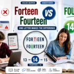 Grammar comparison image showing Forteen as an incorrect spelling and Fourteen as the correct spelling of the number 14 with proofreading and educational elements.
