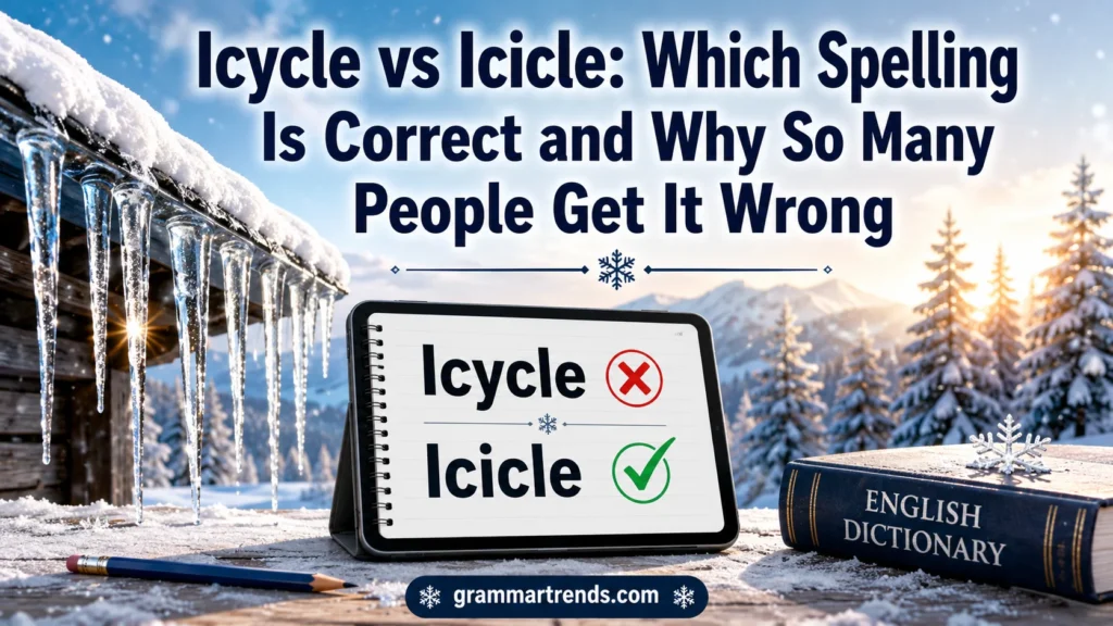 Icycle vs Icicle spelling comparison showing the correct English spelling with realistic winter icicles and an educational grammar theme.