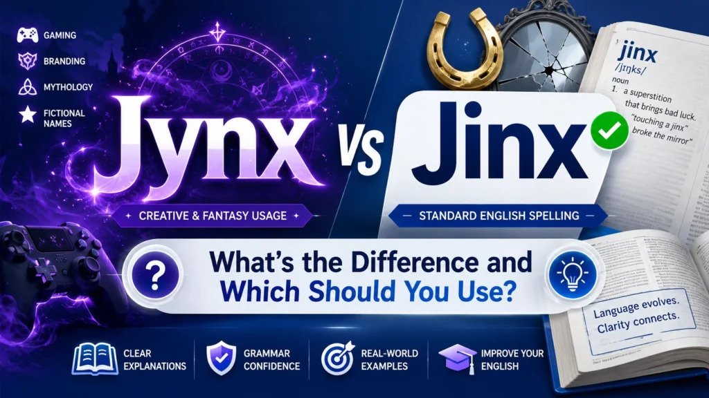 Jynx vs Jinx spelling comparison showing Jinx as the standard English word and Jynx as a stylized name used in gaming and fantasy contexts.