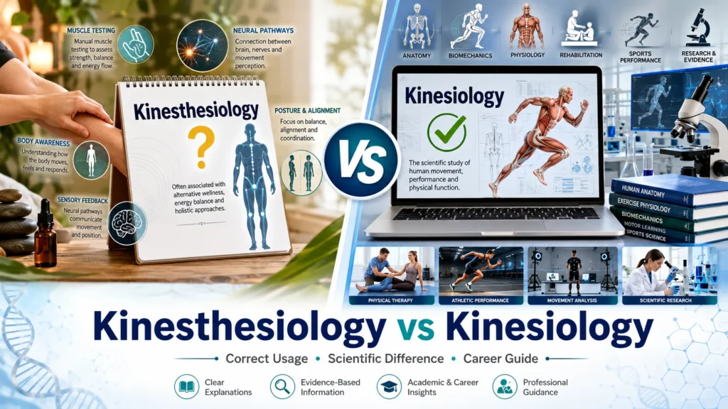 Split-screen comparison showing Kinesthesiology and Kinesiology with movement science, biomechanics, anatomy, physical therapy, and body awareness concepts highlighting their key differences.