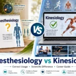 Split-screen comparison showing Kinesthesiology and Kinesiology with movement science, biomechanics, anatomy, physical therapy, and body awareness concepts highlighting their key differences.