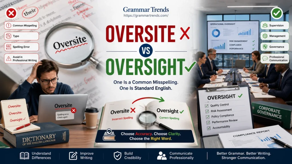 Side-by-side comparison showing Oversite as an incorrect spelling with proofreading corrections and Oversight as the correct word associated with supervision, governance, and professional communication.