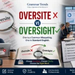 Side-by-side comparison showing Oversite as an incorrect spelling with proofreading corrections and Oversight as the correct word associated with supervision, governance, and professional communication.
