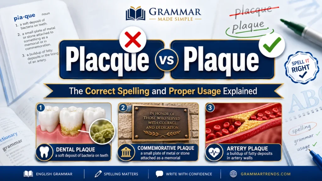 Placque vs Plaque spelling comparison showing Plaque as the correct English spelling with dental, medical, and commemorative plaque illustrations.
