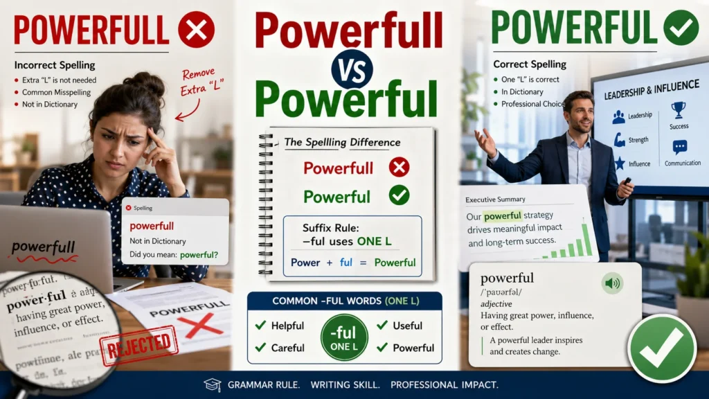 Grammar comparison image showing Powerfull as an incorrect spelling and Powerful as the correct English spelling with proofreading marks and suffix rule examples.