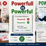 Grammar comparison image showing Powerfull as an incorrect spelling and Powerful as the correct English spelling with proofreading marks and suffix rule examples.