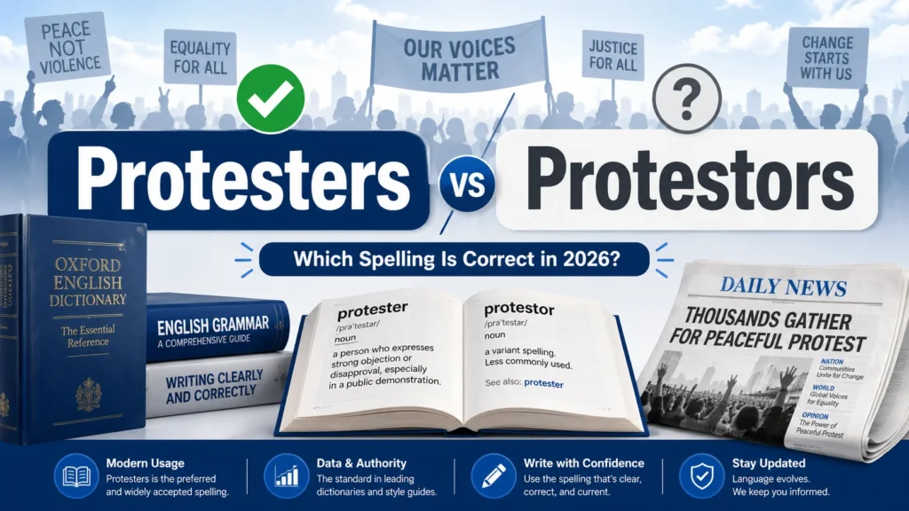 Protesters vs Protestors spelling comparison showing Protesters as the preferred modern English spelling with grammar and journalism-themed elements.