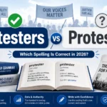 Protesters vs Protestors spelling comparison showing Protesters as the preferred modern English spelling with grammar and journalism-themed elements.