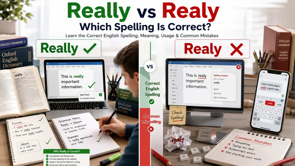 16:9 educational illustration comparing Really vs Realy, highlighting the correct English spelling "Really" with a green checkmark and the incorrect spelling "Realy" with a red cross, alongside proofreading and grammar learning elements.