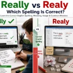 16:9 educational illustration comparing Really vs Realy, highlighting the correct English spelling "Really" with a green checkmark and the incorrect spelling "Realy" with a red cross, alongside proofreading and grammar learning elements.