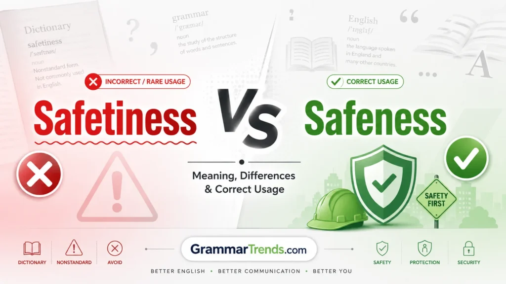 Safeness vs Safetiness comparison showing Safeness as the correct English word and Safetiness as a nonstandard usage with GrammarTrends.com branding.
