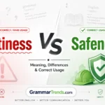 Safeness vs Safetiness comparison showing Safeness as the correct English word and Safetiness as a nonstandard usage with GrammarTrends.com branding.