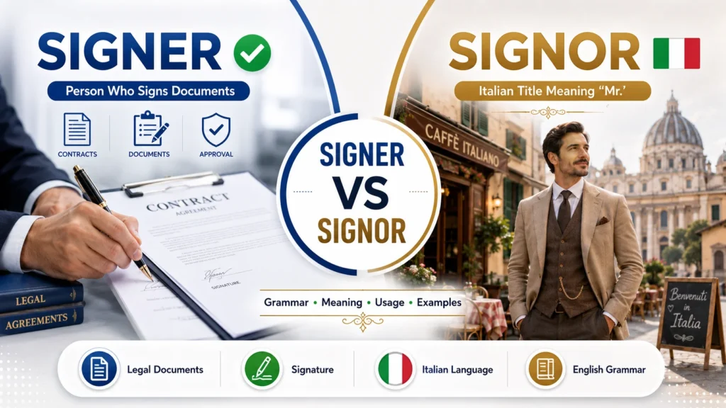 Signer vs Signor comparison showing a document signer on one side and an Italian gentleman titled Signor on the other with grammar and meaning differences.