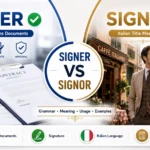 Signer vs Signor comparison showing a document signer on one side and an Italian gentleman titled Signor on the other with grammar and meaning differences.