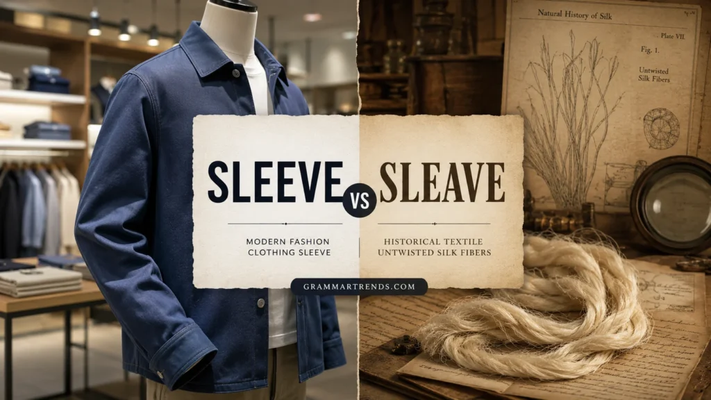 Split comparison image showing modern clothing sleeve on the left and historical textile fibers representing “sleave” on the right, illustrating the difference between Sleave vs Sleeve.