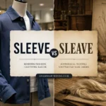Split comparison image showing modern clothing sleeve on the left and historical textile fibers representing “sleave” on the right, illustrating the difference between Sleave vs Sleeve.